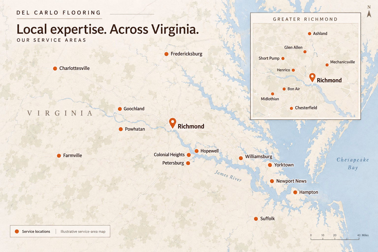 Del Carlo Flooring Service Area Map